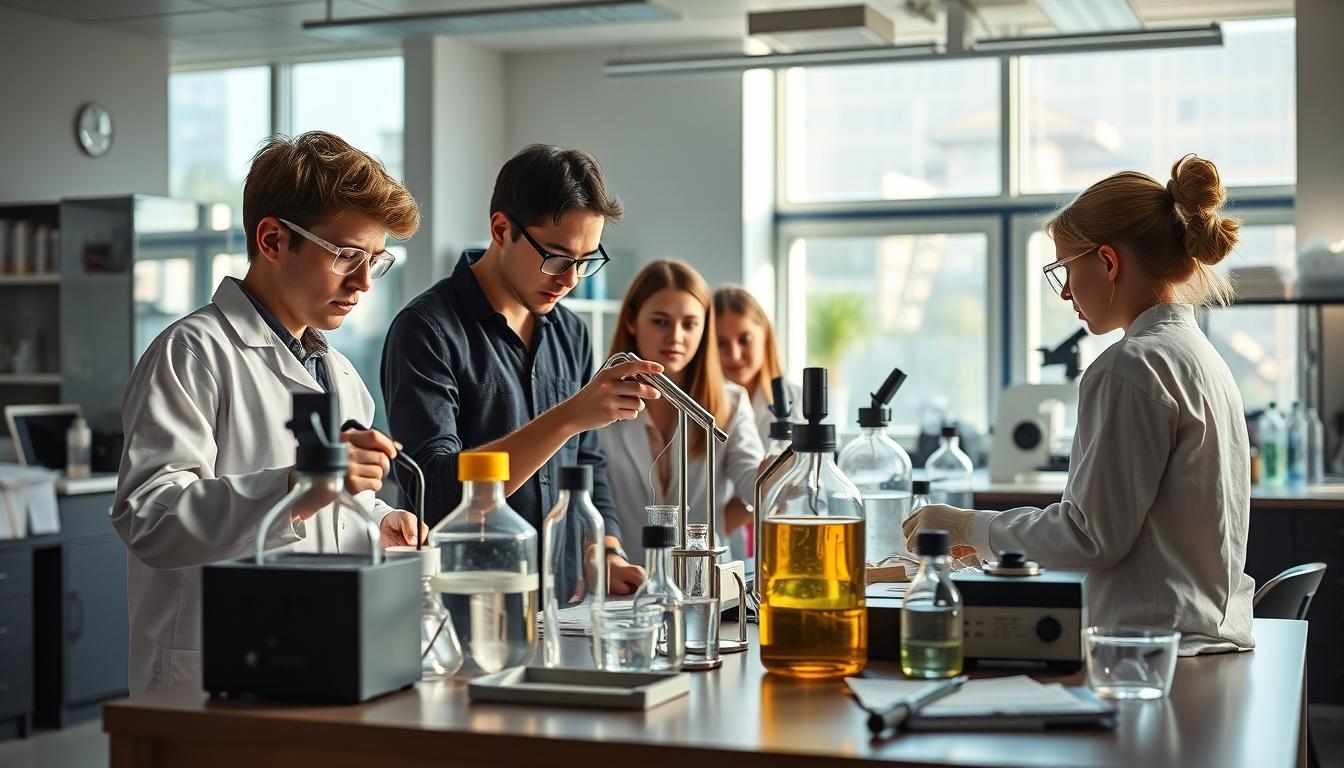 Students studying together in modern classroom